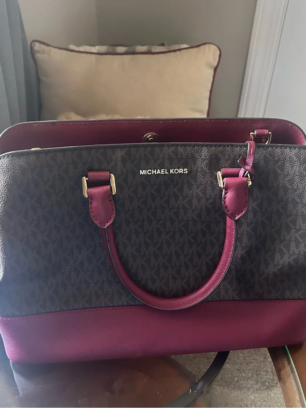 Michael Kors Brown MK Logo Satchel with Burgundy Accents
